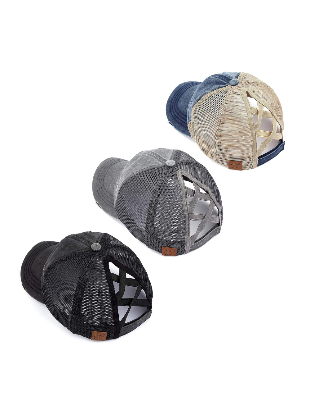 Criss Cross Ponytail Cap, Messy Bun | 3 Packs, Black, Gray, Navy | Size OS